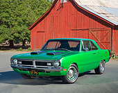 AUT 23 RK3403 01
1970 Dodge Dart Swinger Kandy Lime Gold 3/4 Front View On Pavement