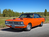 AUT 23 RK3417 01
1970 Dodge Dart Swinger 340 Orange And Black 3/4 Front View On Pavement By Evergreen Trees