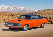 AUT 23 RK3418 01
1970 Dodge Dart Swinger 340 Orange And Black 3/4 Front View On Dirt By Mountains