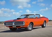 AUT 23 RK3424 01
1971 Dodge Hemi Charger Orange With White Top 3/4 Front View On Pavement