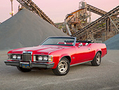 AUT 23 RK3432 01
1973 Mercury Cougar Convertible Red 3/4 Front View On Gravel By Quarry At Dusk