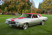 AUT 23 RK3433 01
1970 Chevrolet Chevelle Silver With Red Stripes 3/4 Front View On Grass By Autumn Trees