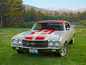 AUT 23 RK3434 01
1970 Chevrolet Chevelle Silver With Red Stripes 3/4 Front View On Grass By Mountains