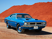 AUT 23 RK3436 01
1971 Dodge Demon Blue 3/4 Front View On Gravel By Red Dirt Pile