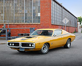 AUT 23 RK3438 01
1971 Dodge Charger 440 Six Pac Butterscotch 3/4 Front View On Pavement By Brick Building