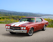 AUT 23 RK3440 01
1970 Chevrolet Chevelle SS Amber With White Stripes 3/4 Front View On Pavement By Beach
