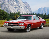 AUT 23 RK3441 01
1970 Chevrolet Chevelle SS Amber With White Stripes 3/4 Front View On Pavement By Mountains