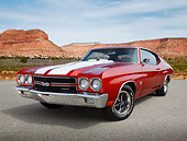 AUT 23 RK3442 01
1970 Chevrolet Chevelle SS Amber With White Stripes 3/4 Front View On Pavement In Desert