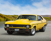 AUT 23 RK3443 01
1970 Chevrolet Nova Yellow 3/4 Front View On Pavement By Water