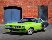 AUT 23 RK3447 01
1971 Plymouth Barracuda 440 Lime Green 3/4 Front View On Pavement By Brick Building