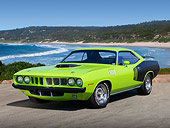 AUT 23 RK3448 01
1971 Plymouth Barracuda 440 Lime Green 3/4 Front View On Pavement By Beach