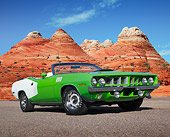 AUT 23 RK3449 01
1971 Plymouth Cuda 340 Convertible Green And White 3/4 Front View On Pavement In Desert