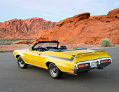 AUT 23 RK3454 01
1971 Buick GSX Convertible Yellow 3/4 Rear View On Road In Desert