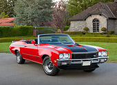 AUT 23 RK3455 01
1971 Buick GSX Convertible Red 3/4 Front View On Pavement By House