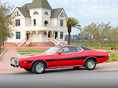AUT 23 BK0007 01
1973 Dodge Charger SE 440 Red With Black Stripe 3/4 Front View On Pavement By House