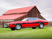 AUT 23 BK0010 01
1973 Dodge Charger SE 440 Red With Black Stripe 3/4 Front View On Grass By Barn
