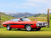 AUT 23 BK0011 01
1973 Dodge Charger SE 440 Red With Black Stripe 3/4 Front View On Grass By Fence
