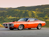 AUT 23 BK0014 01
1971 Dodge Charger 440 Magnum R/T Orange 3/4 Front View On Pavement By Hill
