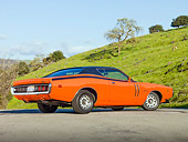 AUT 23 BK0020 01
1971 Dodge Charger 440 Magnum R/T Orange 3/4 Rear View On Pavement By Hill