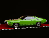 AUT 23 RK0106 01
1971 Plymouth Road Runner 440 6-Pac Green 3/4 Side View On Checkered Line Red Floor Studio