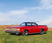 AUT 23 RK0121 03
1975 Ford Ranchero 500 Red Front 3/4 View On Grass Blue Sky