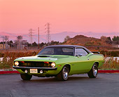 AUT 23 RK0130 04
1970 Plymouth Barracuda 440 Six Pack Green 3/4 Front View On Pavement By Electric Towers Filtered