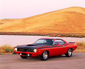 AUT 23 RK0176 09
1970 Plymouth AAR Barracuda Red And Black 3/4 Front View On Pavement By Water