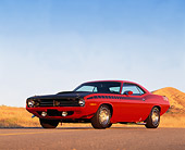AUT 23 RK0177 05
1970 Plymouth AAR Barracuda Red And Black Low 3/4 Front View On Pavement By Dry Grass Hills Blue Sky