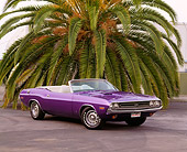 AUT 23 RK0210 07
1971 Dodge Challenger Convertible Plum Crazy 3/4 Front View On Pavement By Palm Tree