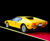 AUT 23 RK0232 02
1972 De Tomaso Pantera Yellow 3/4 Rear View On Red Floor Yellow Line Studio