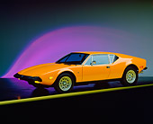 AUT 23 RK0261 01
1973 De Tomaso Pantera Orange 3/4 Side View On Yellow Line Purple Lighting Studio