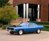 AUT 23 RK0345 03
1970 Plymouth Barracuda Blue 3/4 Side View On Pavement By Museum