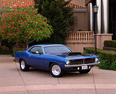 AUT 23 RK0346 02
1970 Plymouth Barracuda Blue 3/4 Front View On Pavement By Museum