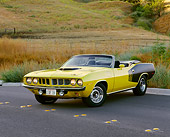 AUT 23 RK0354 03
1971 Plymouth Barracuda Convertible Yellow And Black 3/4 Front View On Pavement Dry Grass Hills