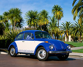 AUT 23 RK0494 01
1971 VW Super Beetle Blue And White Low 3/4 Front View By Palm Trees