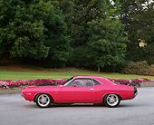 AUT 23 RK0566 02
1970 Dodge Challenger RT Pink Black Stripe Profile View On Pavement By Flowers And Trees