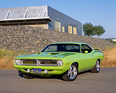 AUT 23 RK0583 04
1970 Plymouth Barracuda Lime Green 3/4 Front View On Pavement By Stone Wall