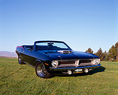 AUT 23 RK0590 04
1970 Plymouth Hemicuda Convertible Black 3/4 Front View On Grass Hill Blue Sky