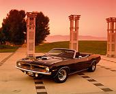 AUT 23 RK0592 01
1970 Plymouth Hemicuda Convertible Black 3/4 Front View On Pavement By Pillars