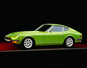 AUT 23 RK0703 05
1970 Datsun 240Z Green 3/4 Side View On Red Floor Gray Line Studio