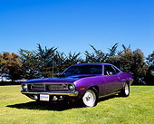 AUT 23 RK0875 02
1970 Plymouth 'Cuda Plum Crazy Purple Low 3/4 Front View On Grass Trees Background
