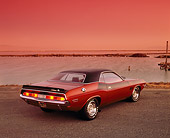 AUT 23 RK0890 02
1970 Dodge Challenger T/A 340 Burnt Orange 3/4 Rear View On Pavement By Water