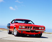 AUT 23 RK0923 02
1971 Plymouth Cuda 440 Orange And Black Low 3/4 Front View On Pavement