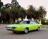 AUT 23 RK0930 02
1970 Plymouth Superbird Lime Green 3/4 Front View On Pavement By Palm Trees