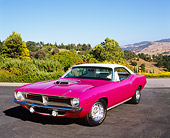 AUT 23 RK0936 02
1970 Plymouth Hemi Cuda Pink And White 3/4 Front View On Pavement By Trees