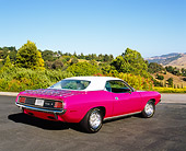 AUT 23 RK0937 04
1970 Plymouth Hemi Cuda Pink And White 3/4 Rear View On Pavement By Trees