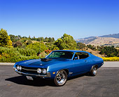 AUT 23 RK0942 05
1970 Ford Torino Cobra SCJ Blue 3/4 Side View On Pavement By Trees