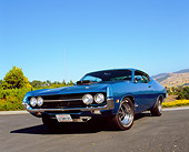 AUT 23 RK0944 02
1970 Ford Torino Cobra SCJ Blue Low 3/4 Front View On Pavement Trees