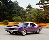 AUT 23 RK0978 04
1970 Dodge Charger RT/SE Purple 3/4 Front View On Pavement By Trees