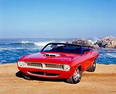 AUT 23 RK1001 01
1970 Plymouth, Cuda, Convertible, Orange 3/4 Front View On Sand By Ocean